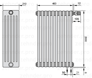 Схема (чертеж) Радиатор Zehnder Charleston 6200/10 №V002 Белый глянцевый RAL 9016